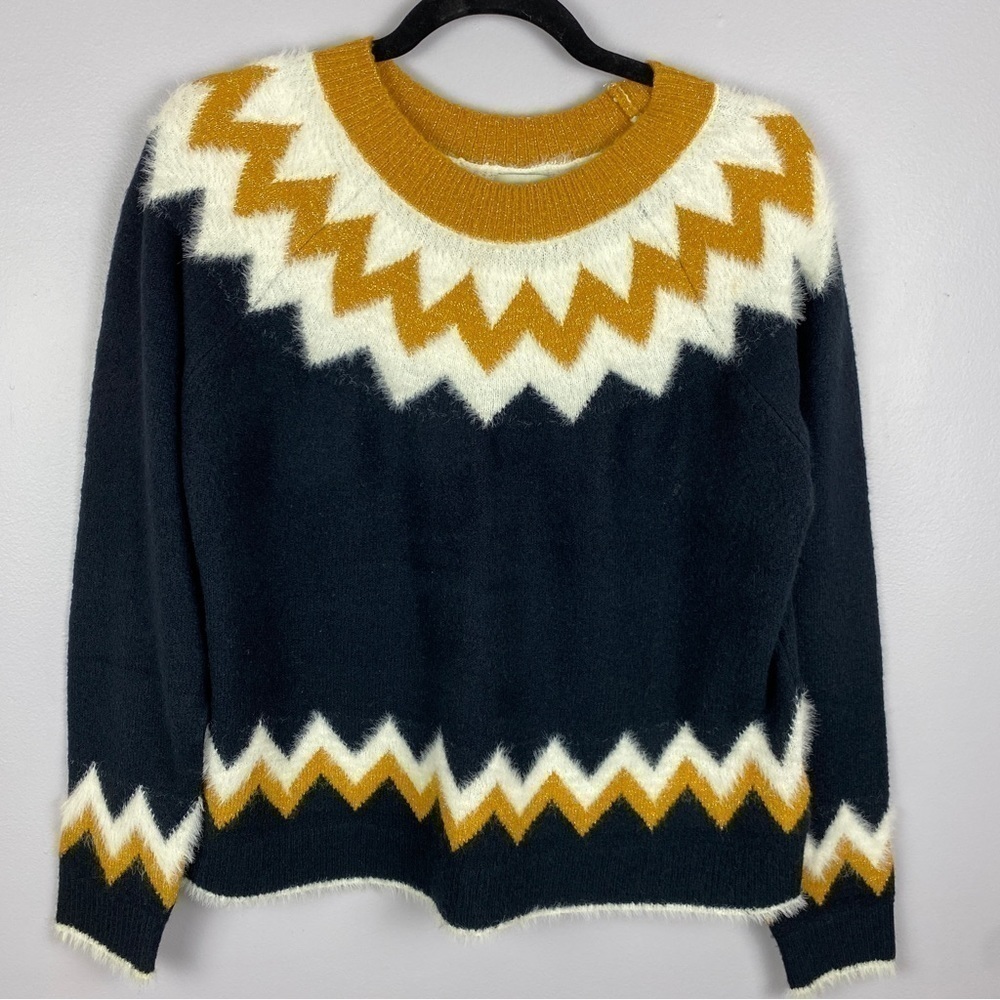 Silverflint Fairisle Soft Cozy Crew Neck Knit Sweater Medium Navy Mustard Yellow - Picture 3 of 12